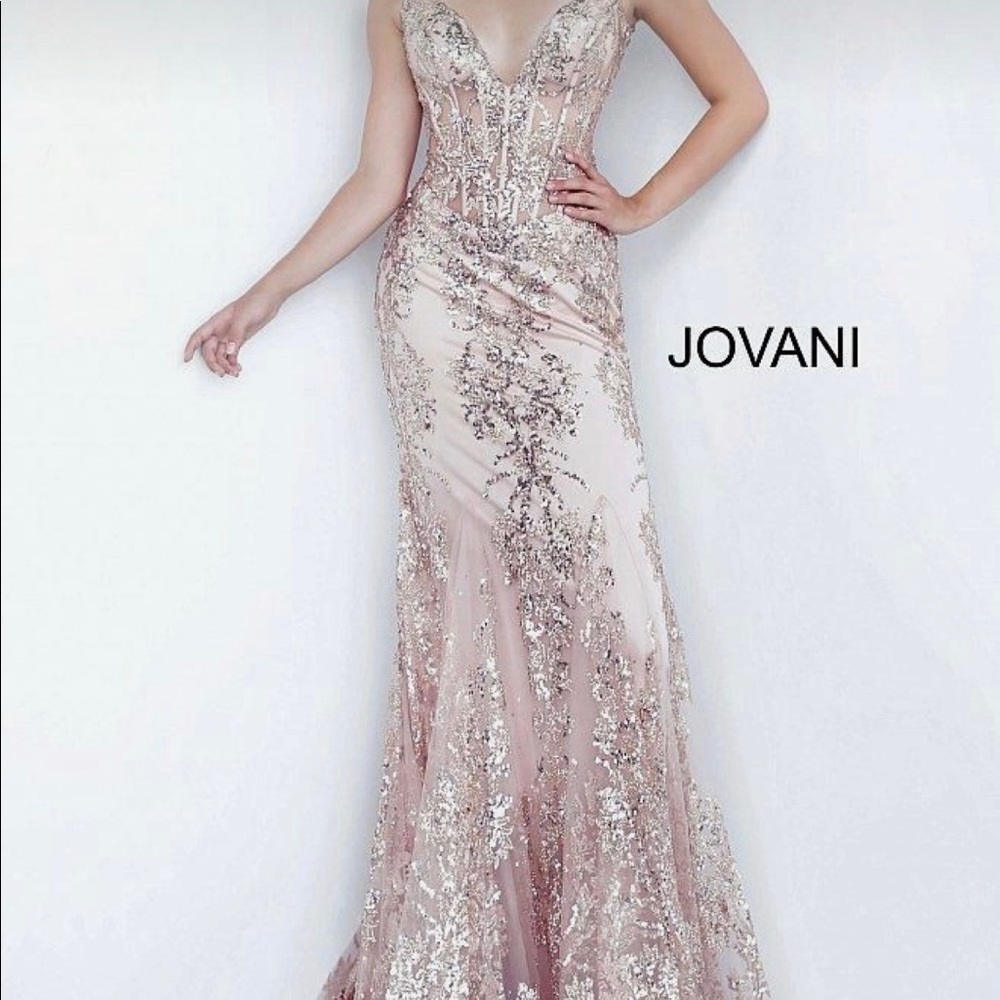Worn Once: Jovani style 3675 Sheer Corset Mermaid Gown in Rose Gold